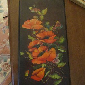 Hand Painted and Signed Wooden Board with Red Poppies and Berries
